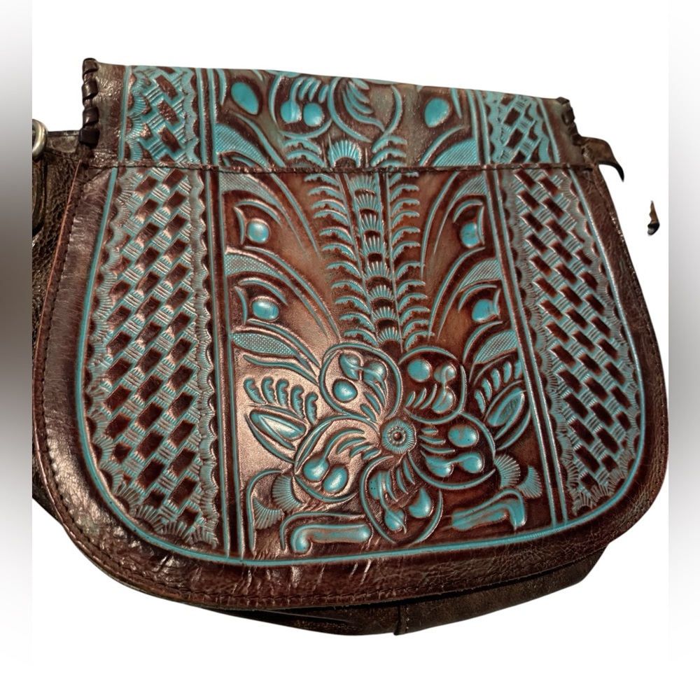Turquoise and Brown Tooled Leather Crossbody Bag - Picture 2 of 10